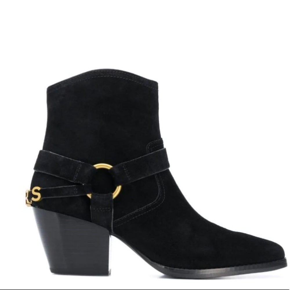 Michael Kors motorcycle strap ankle boots Goldie black suede leather